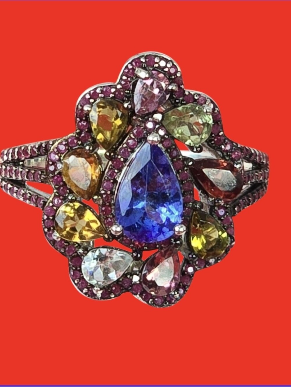 925 Sterling Silver Ring With Natural Tanzanite with Tourmaline & Ruby Gemstone